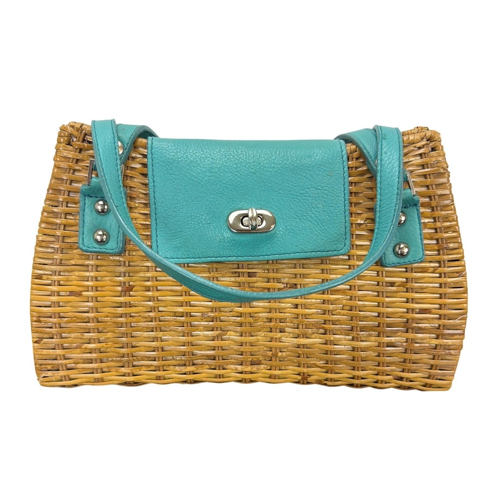 The Limited Woven Wicker Rattan Hand Bag Turquoise Leather Trim Turn Lock